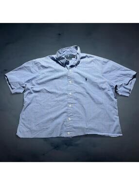 Ralph Lauren Boxy Fit Pin Striped Button Up Shirt Mens XL Cut Cropped Hem Blue